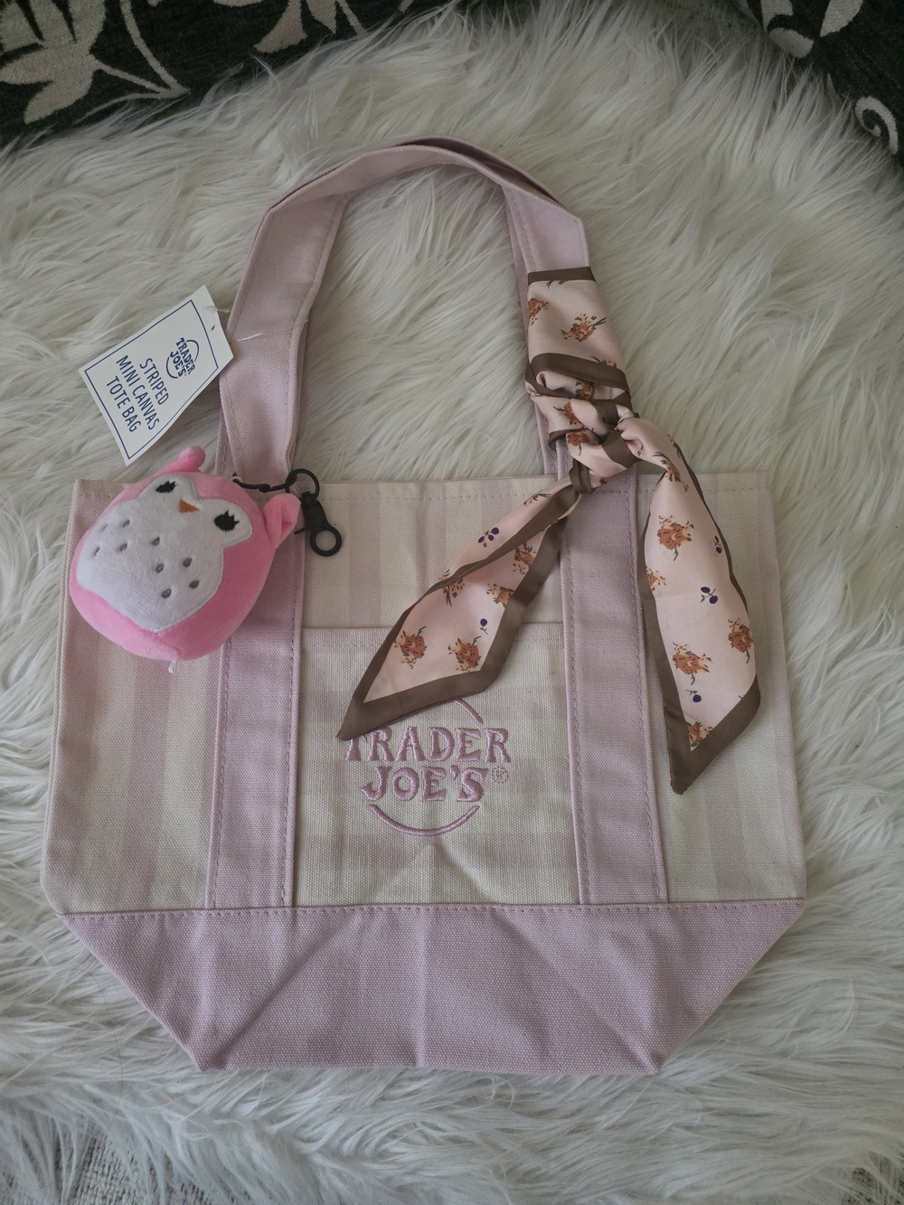 Trader Joe's Pink Striped Canvas Tote with Bow Scarf And Plush Charm